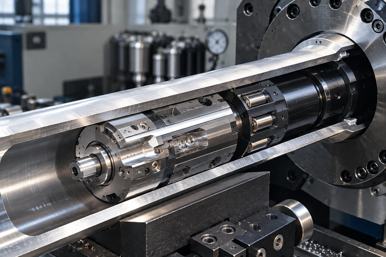 Precision skiving tool inside a steel cylinder